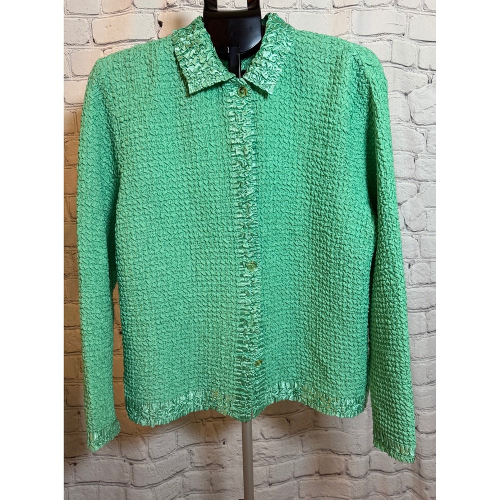 Vintage Mint‎ Green Popcorn Knit Button Front Cardigan Ruffle Trim Womens L/XL